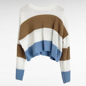 Moon & Madison | White Brown Blue Cropped Colorblock Oversized Pullover Sweater